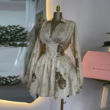 Print V Neck Lantern Sleeve Mini Dress GMSF-SU9129