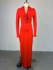 Stacked Neck Solid Long Sleeve Maxi Dress GMSF-SU72151