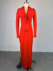 Stacked Neck Solid Long Sleeve Maxi Dress GMSF-SU72151