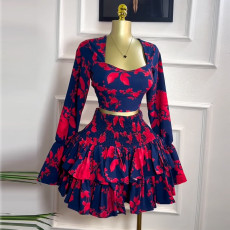 Long Sleeve Square Neck Ruffles Skirt Suit GMSF-SU9185