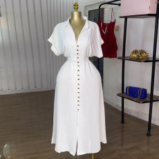 Short Sleeve Single Breasted Split Shirt Dress GMSF-SU72257