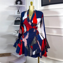 Print V Neck Flare Sleeve Mini Dress GMSF-SU9211