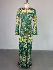 Long Sleeve Print Hollow Out Maxi Dress GMSF-SU9209