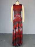 O Neck Print Sleeveless Split Maxi Dress GMSF-SU9169