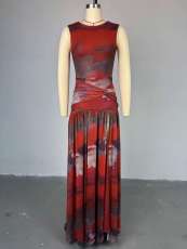 O Neck Print Sleeveless Split Maxi Dress GMSF-SU9169