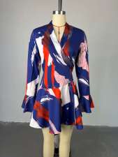 Print V Neck Flare Sleeve Mini Dress GMSF-SU9211