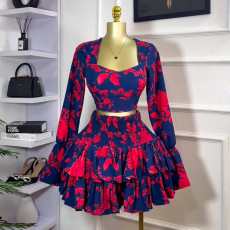 Long Sleeve Square Neck Ruffles Skirt Suit GMSF-SU9185