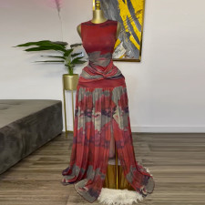 O Neck Print Sleeveless Split Maxi Dress GMSF-SU9169