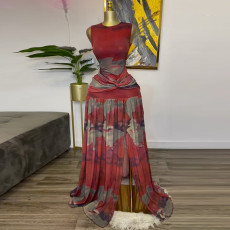 O Neck Print Sleeveless Split Maxi Dress GMSF-SU9169