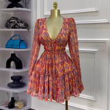 Print V Neck Long Seeve Mini Dress GMSF-SU9138