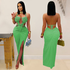 Knit Halterneck Backless Solid Color Maxi Dress BY-7407