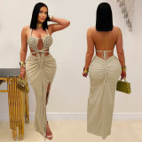 Knit Halterneck Backless Solid Color Maxi Dress BY-7407