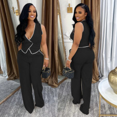 Casual V-neck Button Top And Pants Two-Piece Set BY-7402