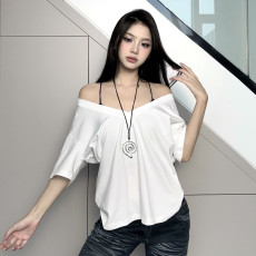 Deep V Neck Short Sleeve Loose T Shirt GLRF-WBT32167