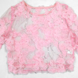 Embroidered Mesh O Neck Long Sleeve Top Shorts Set CYA-901737