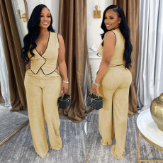 Casual V-neck Button Top And Pants Two-Piece Set BY-7402