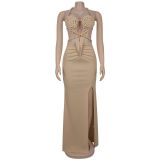 Knit Halterneck Backless Solid Color Maxi Dress BY-7407