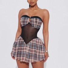 Plaid Print One Shoulder Mesh Patchwork MIni Dress GSZM-Q25DS181