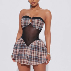 Plaid Print One Shoulder Mesh Patchwork MIni Dress GSZM-Q25DS181