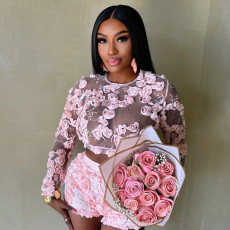 Embroidered Mesh O Neck Long Sleeve Top Shorts Set CYA-901737