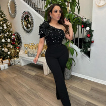 Slash Shoulder Solid Color Hot Drill Jumpsuit CYA-901849