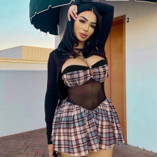 Plaid Print One Shoulder Mesh Patchwork MIni Dress GSZM-Q25DS181