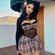 Plaid Print One Shoulder Mesh Patchwork MIni Dress GSZM-Q25DS181