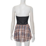 Plaid Print One Shoulder Mesh Patchwork MIni Dress GSZM-Q25DS181