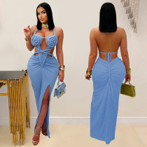 Knit Halterneck Backless Solid Color Maxi Dress BY-7407