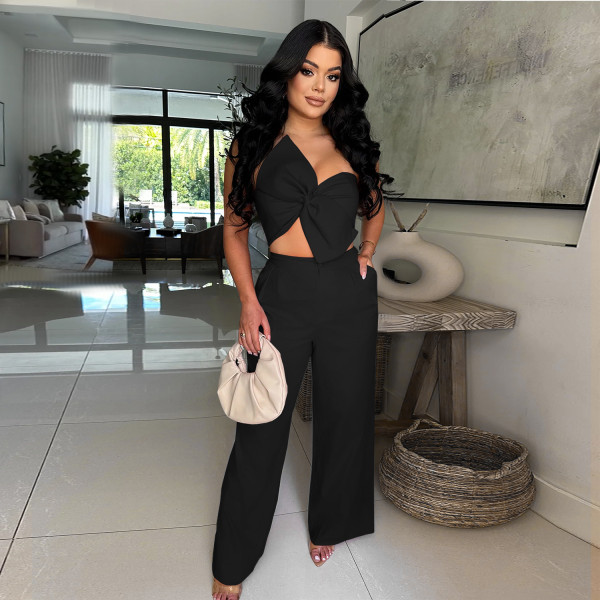 Sexy Bow Wrap Chest Tops Pants Two-piece Set BY-7375