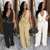 Casual V-neck Button Top And Pants Two-Piece Set BY-7402