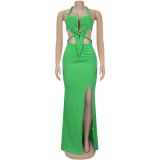 Knit Halterneck Backless Solid Color Maxi Dress BY-7407