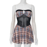 Plaid Print One Shoulder Mesh Patchwork MIni Dress GSZM-Q25DS181