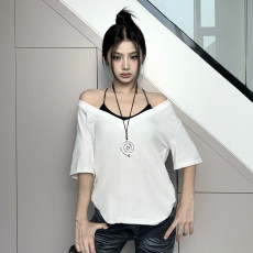Deep V Neck Short Sleeve Loose T Shirt GLRF-WBT32167