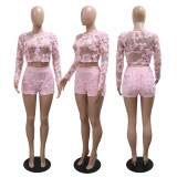 Embroidered Mesh O Neck Long Sleeve Top Shorts Set CYA-901737