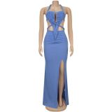 Knit Halterneck Backless Solid Color Maxi Dress BY-7407