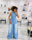 Halterneck Single-breasted Backless Denim Jumpsuit GMYT-13390