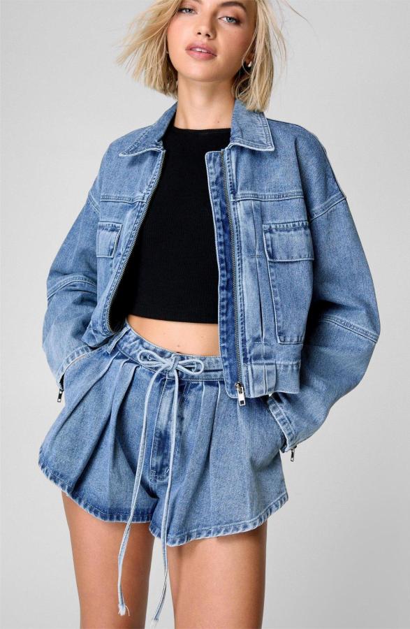 Long Sleeve Loose Coat Denim Two Piece Short Set GMYT-12982