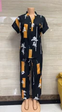 Plus Size Short Sleeve Print Shirt Two Piece Set GMYT-944