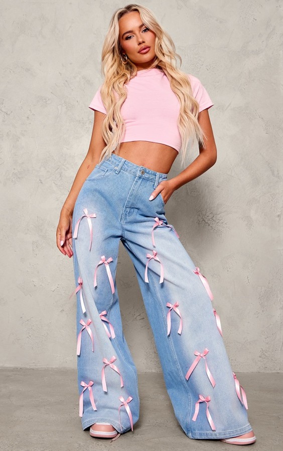 Bow Tie High Waisted Wide Leg Jeans GMYT-12874