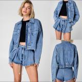 Long Sleeve Loose Coat Denim Two Piece Short Set GMYT-12982