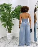 Halterneck Single-breasted Backless Denim Jumpsuit GMYT-13390