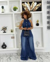 Halterneck Single-breasted Backless Denim Jumpsuit GMYT-13390