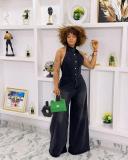 Halterneck Single-breasted Backless Denim Jumpsuit GMYT-13390