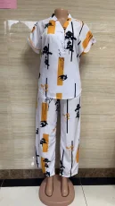 Plus Size Short Sleeve Print Shirt Two Piece Set GMYT-944