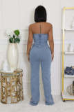 Washed Wrap Chest  Loose Denim Jumpsuit LX-6996
