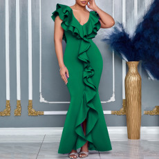 Solid Color V Neck Ruffles Fishtail Dress GCZF-8634