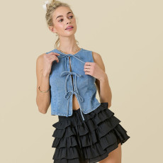 Sleeveless Round Neck Lace-Up Denim Vest GMYT-13978
