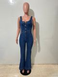 Sleeveless Single-breasted Denim Flare Jumpsuit LX-6062
