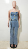 Washed Wrap Chest  Loose Denim Jumpsuit LX-6996